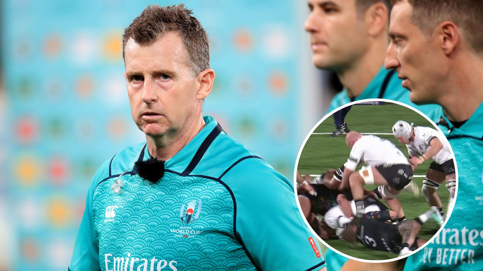 Referee Nigel Owens and a screenshot of Josh Caulfield's stamp on Finlay Bealham in the Champions Cup.