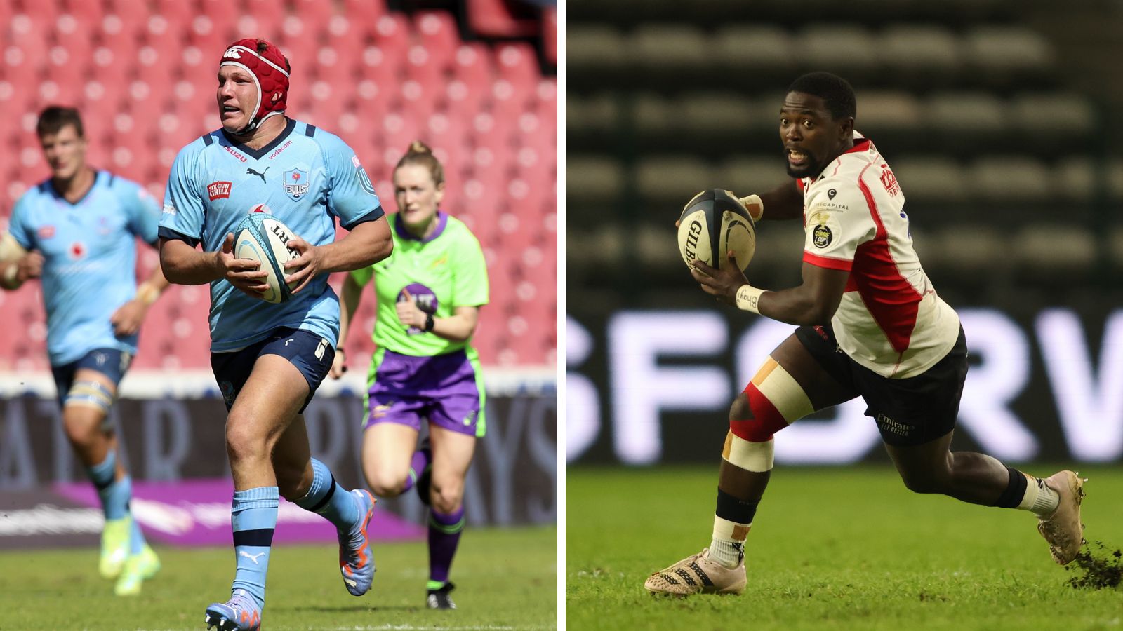 Bulls hooker Johan Grobbelaar and Lions halfback Sanele Nohamba.