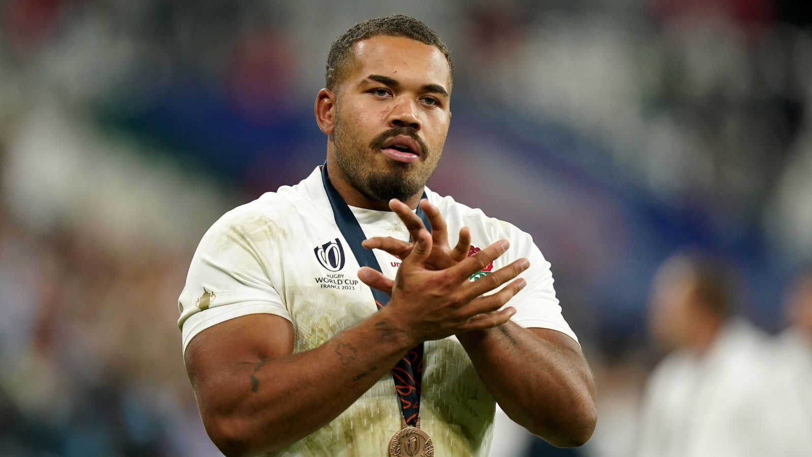 England’s Ollie Lawrence applauds the fans following the Rugby World Cup 2023 bronze final match at the Stade de France in Saint-Denis, France.