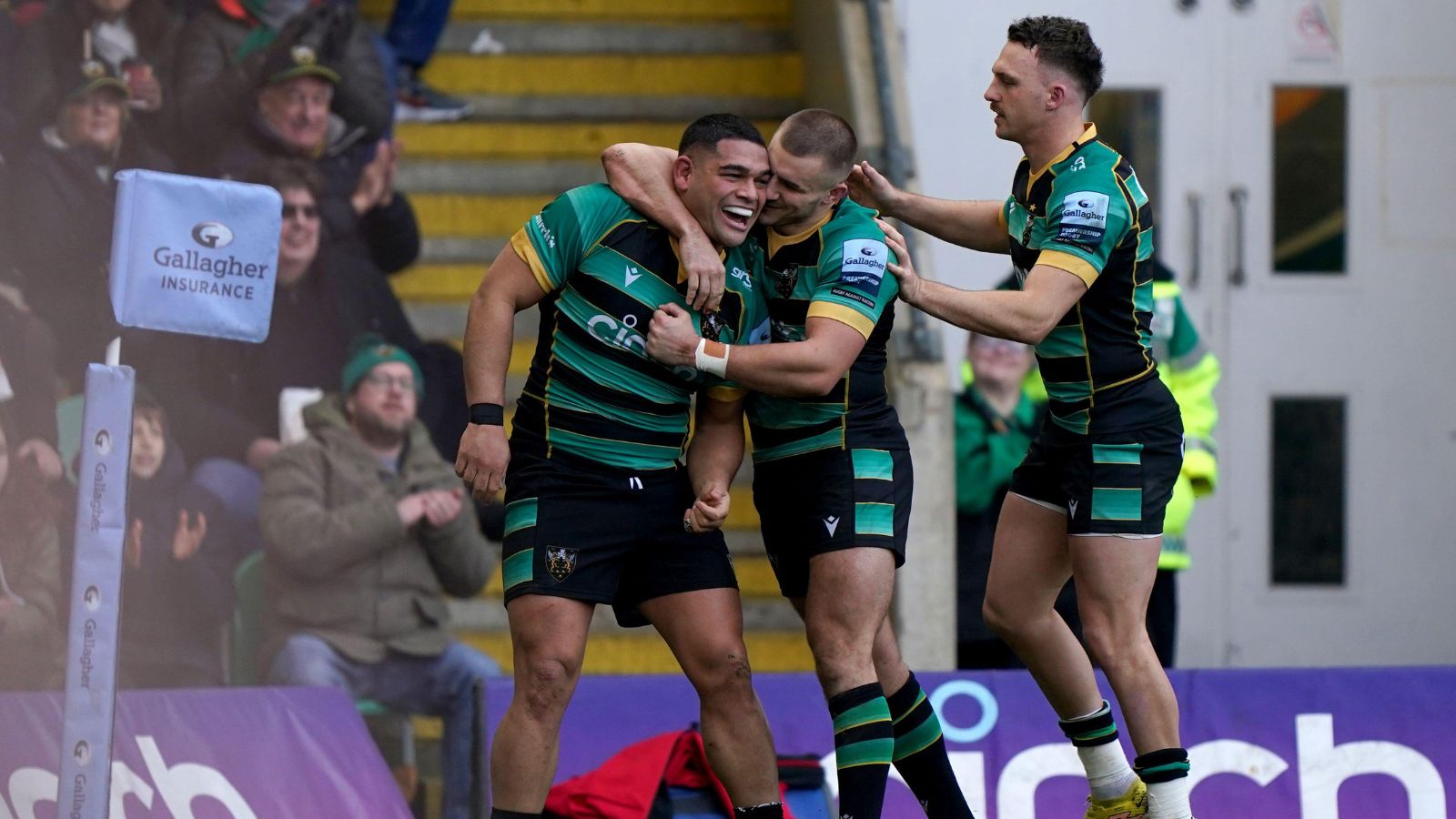 Northampton Saints' Sam Matavesi celebrates scoring his sides third try during the Gallagher Premiership match at the cinch Stadium at Franklin's Gardens, Northampton.