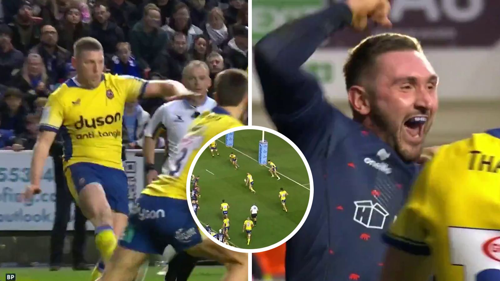 Bath fly-half Finn Russell and Bristol Bears' Richard Lane during the Premiership Rugby match at Ashton Gate.