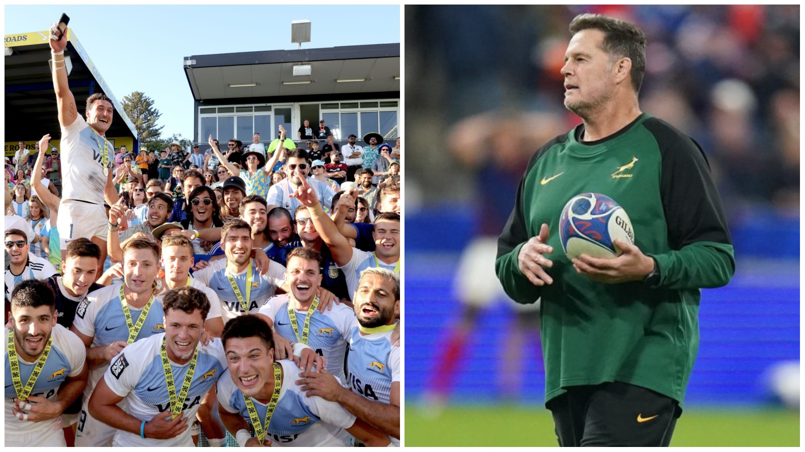 Argentina celebrate winning Perth Sevens while Rassie Erasmus looks on.