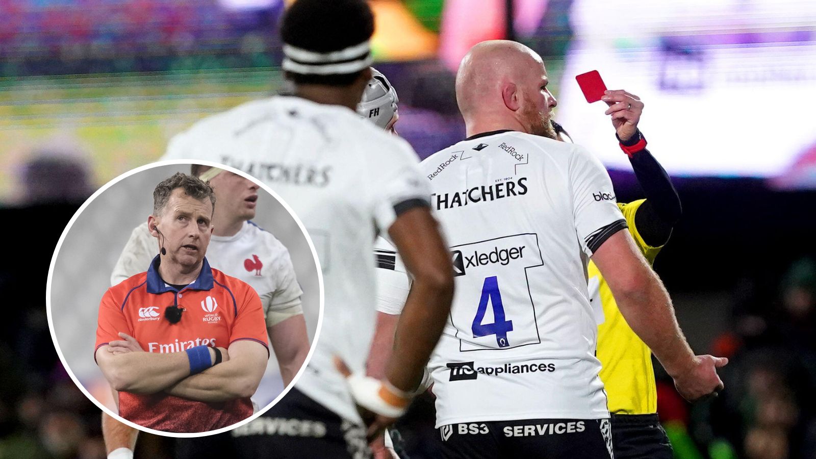 Ex-Referee Nigel Owens and Bristol Bears lock Josh Caulfield being sent off against Connacht in the Investec Champions Cup.