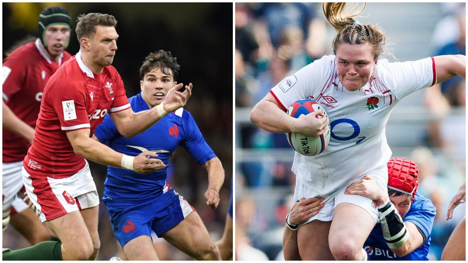 Wales fly-half Dan Biggar against France alongside England prop Sarah Bern.