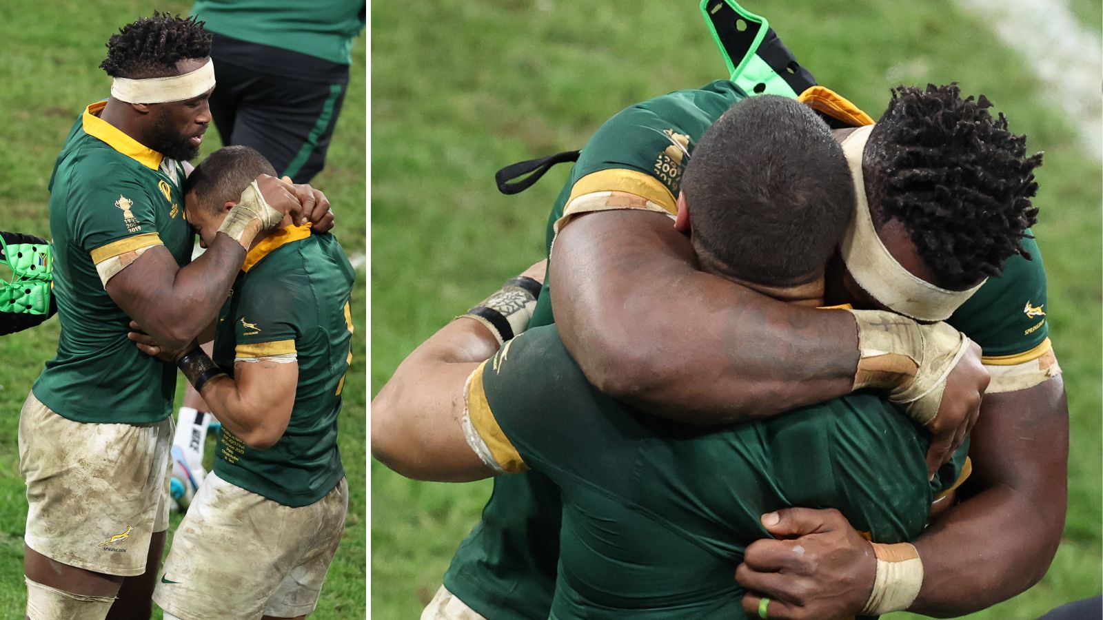 Springboks captain Siya Kolisi and Cheslin Kolbe embrace after the 2023 Rugby World Cup victory over New Zealand