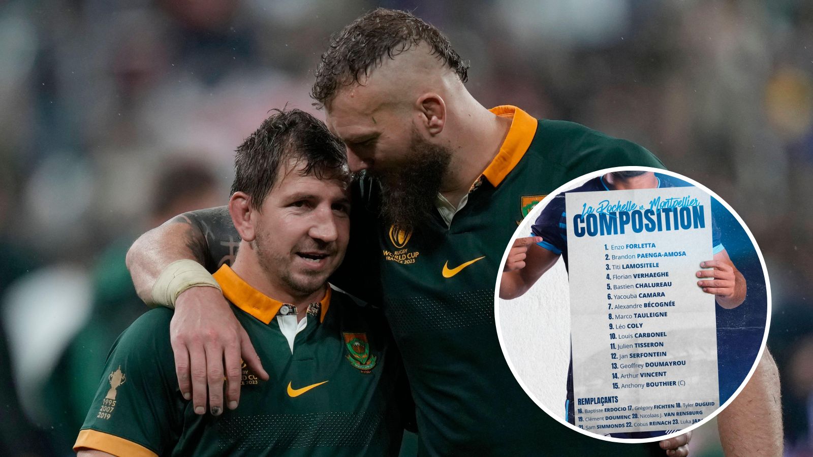 Springboks Kwagga smith and RG Snyman after the Rugby World Cup Final and screenshot of Montpellier's teamsheet.
