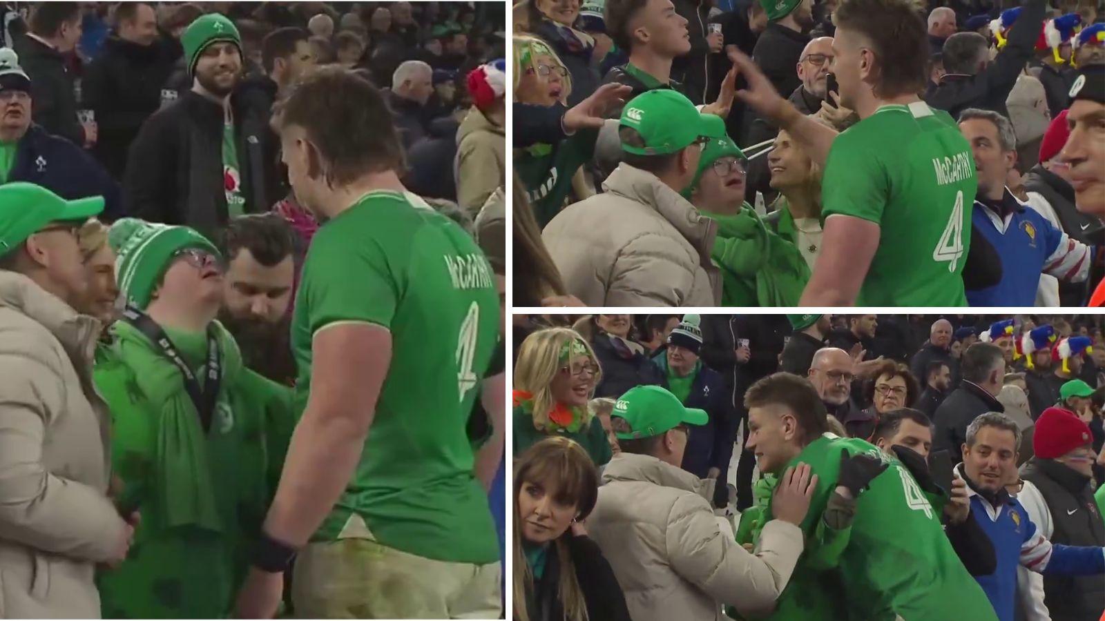 Ireland lock Joe McCarthy with his family after the final whistle and gifts his Player of the Match media to his brother.