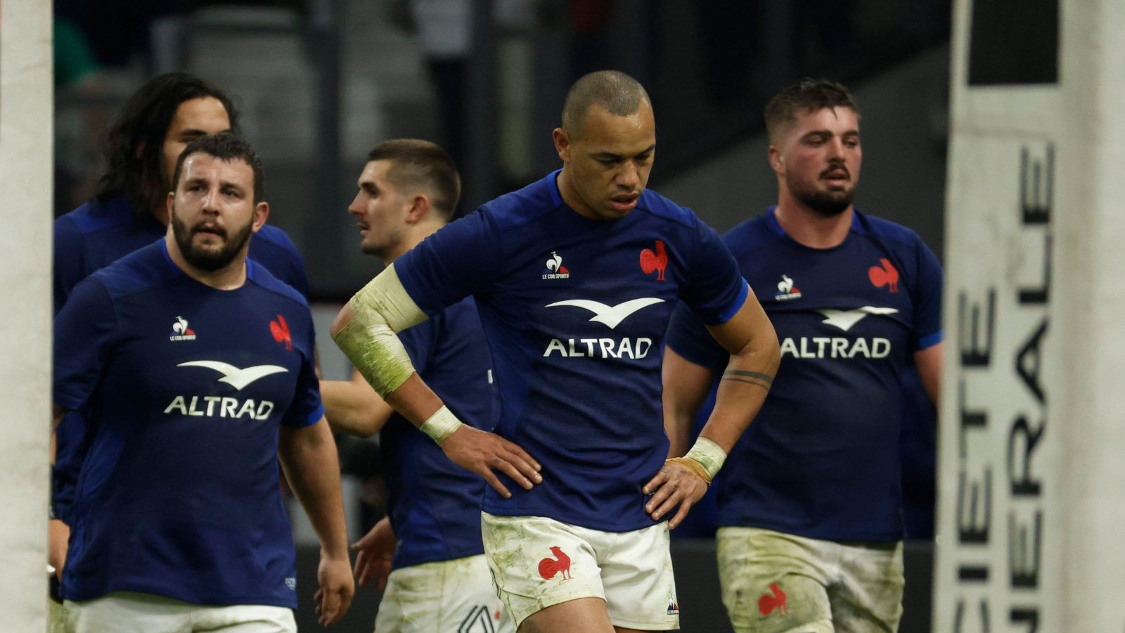France players look dejected during the Six Nations clash against Ireland at the Stade Velodrome in Marseille.