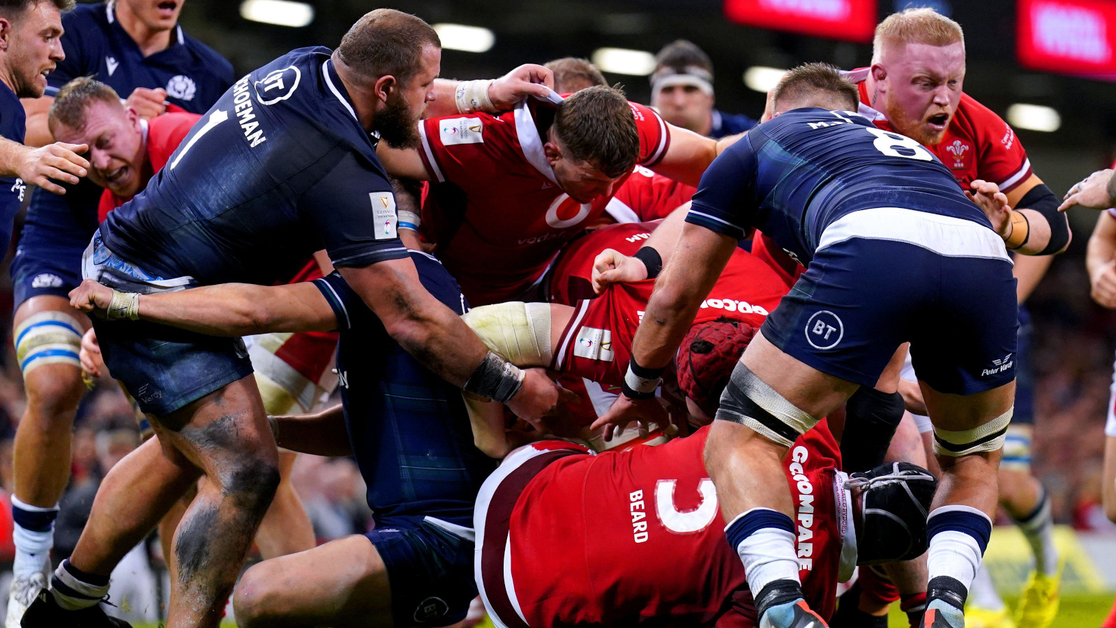 Wales going over for James Botham's try against Scotland in Six Nations.