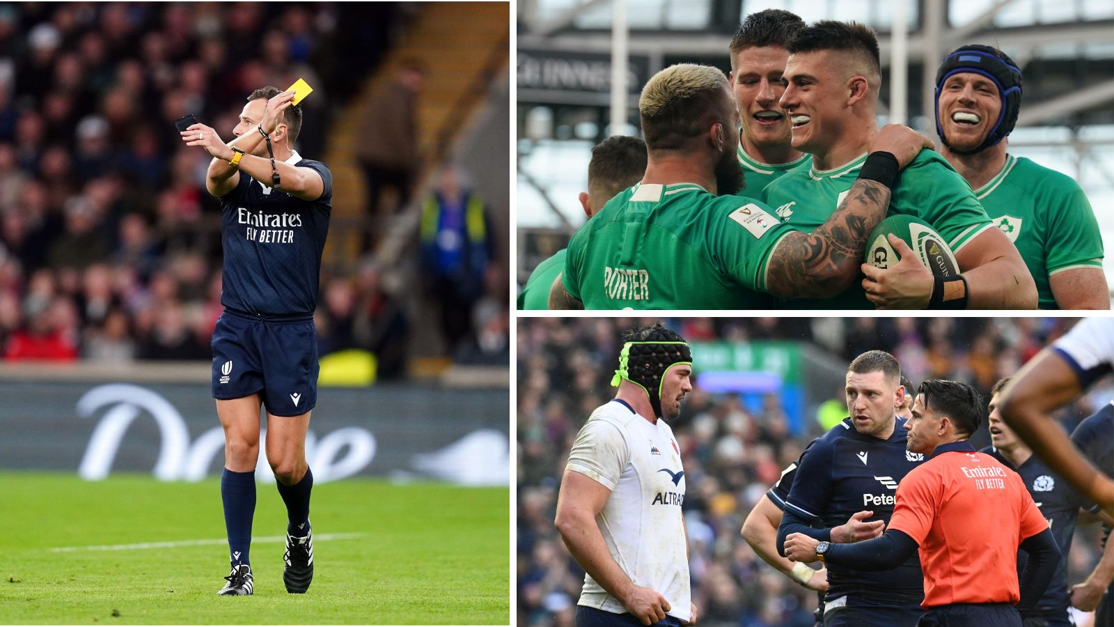 Referee James Doleman, Ireland's Dan Sheehan celebrates a try, France captain Gregory Alldritt, Scotland's Finn Russell and referee Nic Berry during the 2024 Six Nations.