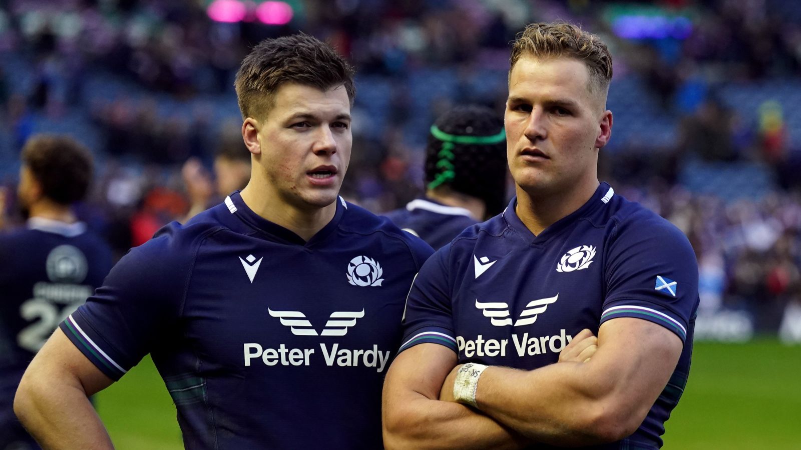 Scotland's Huw Jones and Duhan van der Merwe stand dejected following the Guinness Six Nations match at the Scottish Gas Murrayfield Stadium, Edinburgh.