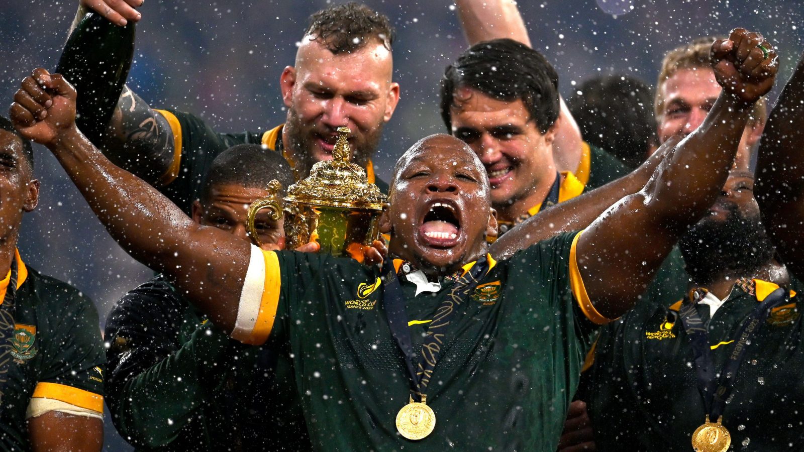 Springbok hooker Bongi Mbonambi celebrates.