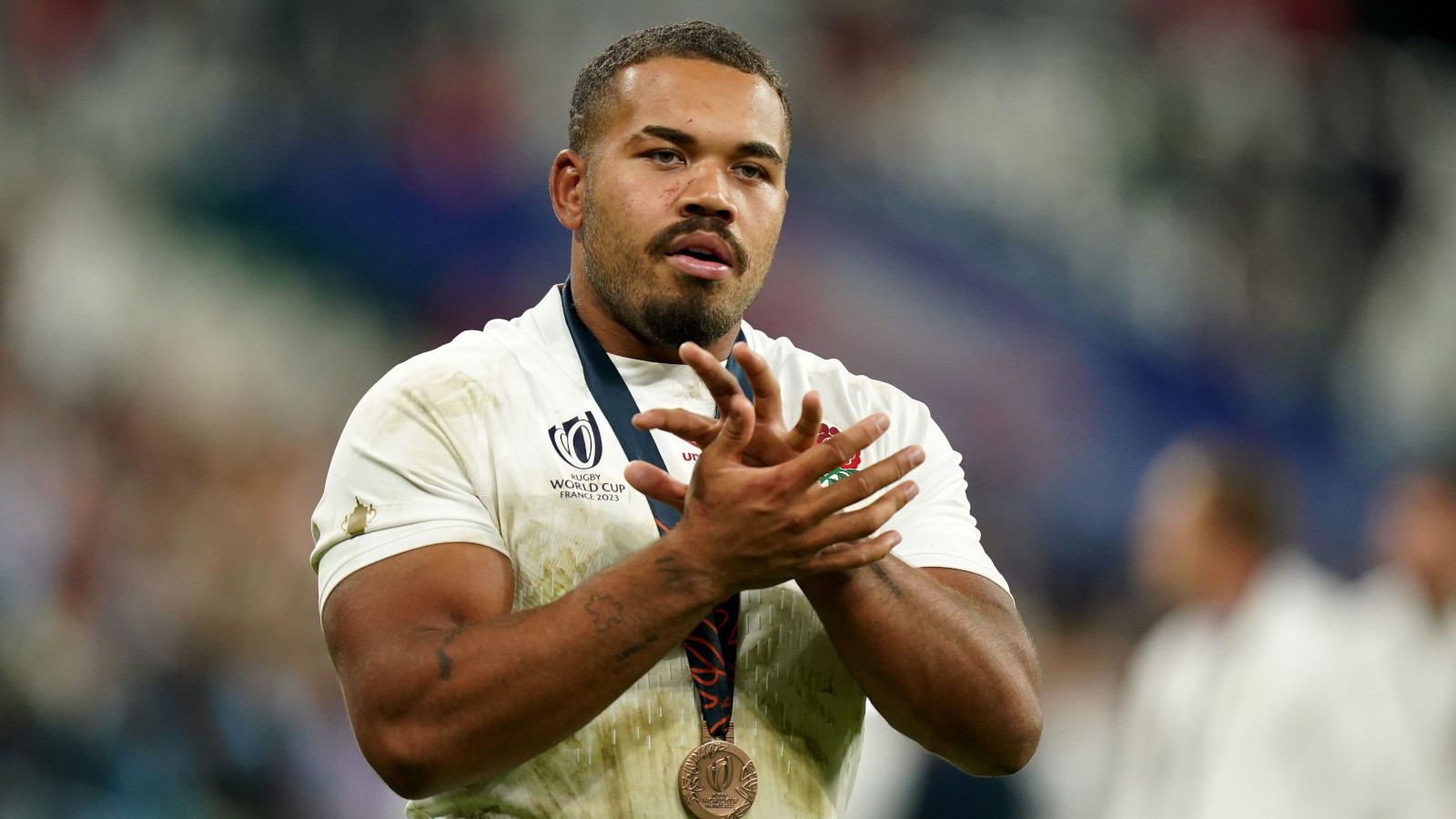 Ollie Lawrence in action for England in the 2023 Rugby World Cup.