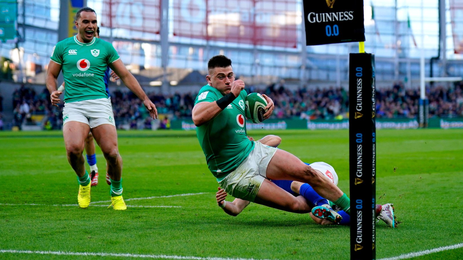 Ireland hooker Dan Sheehan scores against Italy.