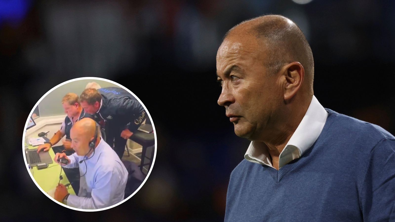 Eddie Jones in the coaching box during the Wallabies v All Blacks and the ex-Australia head coach before the pool C match against Australia during the Rugby World Cup France 2023 at OL Stadium in Lyon France on September 24, 2023.