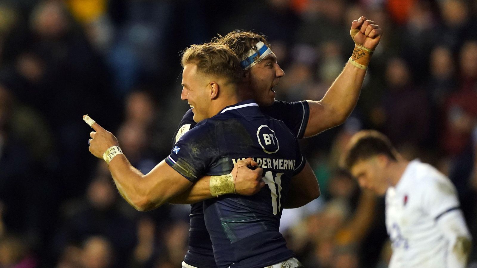 Scotland's Duhan van der Merwe (front) celebrates scoring his side's third try of the game with team-mates during the Guinness Six Nations match at the Scottish Gas Murrayfield Stadium, Edinburgh.