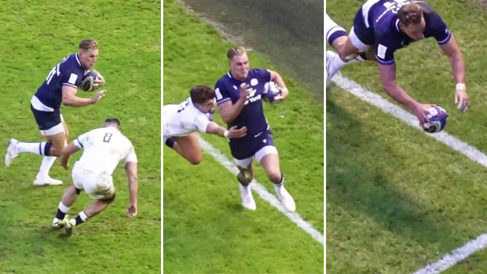 Screenshots of Duhan van der Merwe's second try against England in the Six Nations clash at Murrayfield.