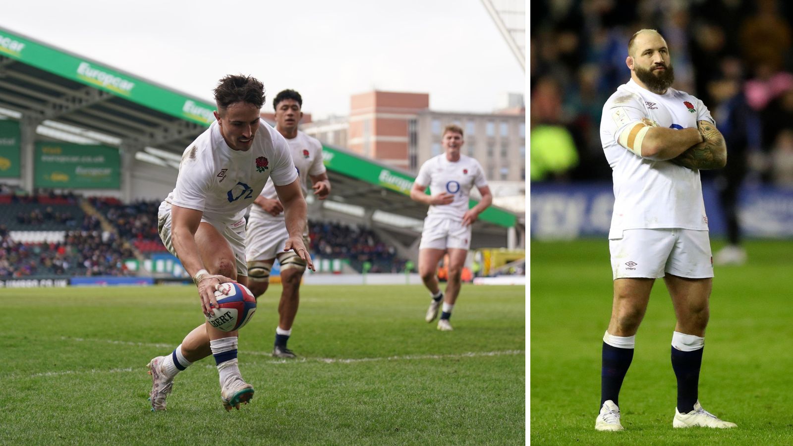 England A winger Cadan Murley scores a try at Welford Road and England prop Joe Marler looked dejected after the defeat to Scotland in the Six Nations.