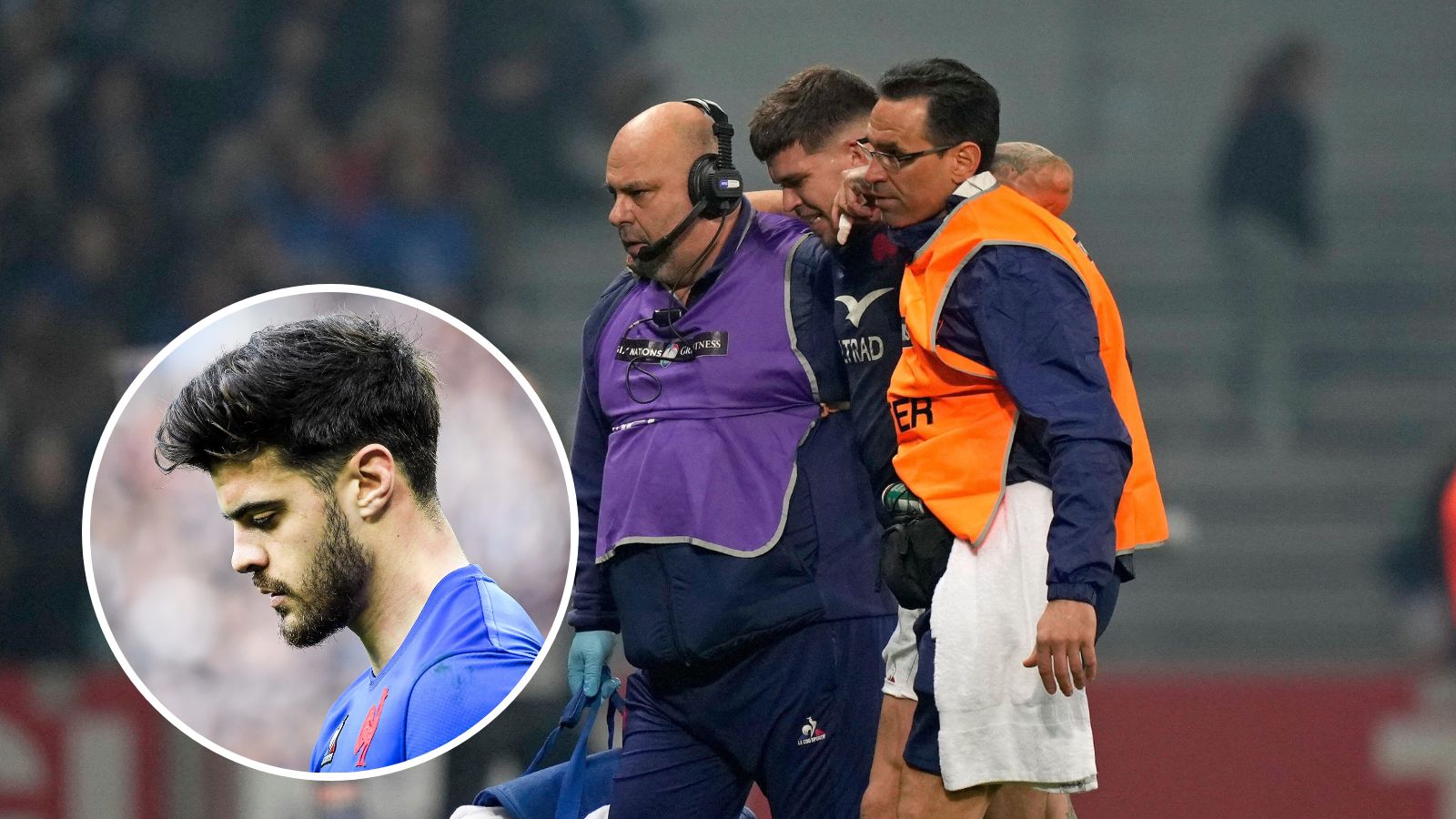 Romain Ntamack and France's Matthieu Jalibert leaves the pitch injured during the Six Nations rugby union international between France and Italy at the Pierre Mauroy stadium in Villeneuve