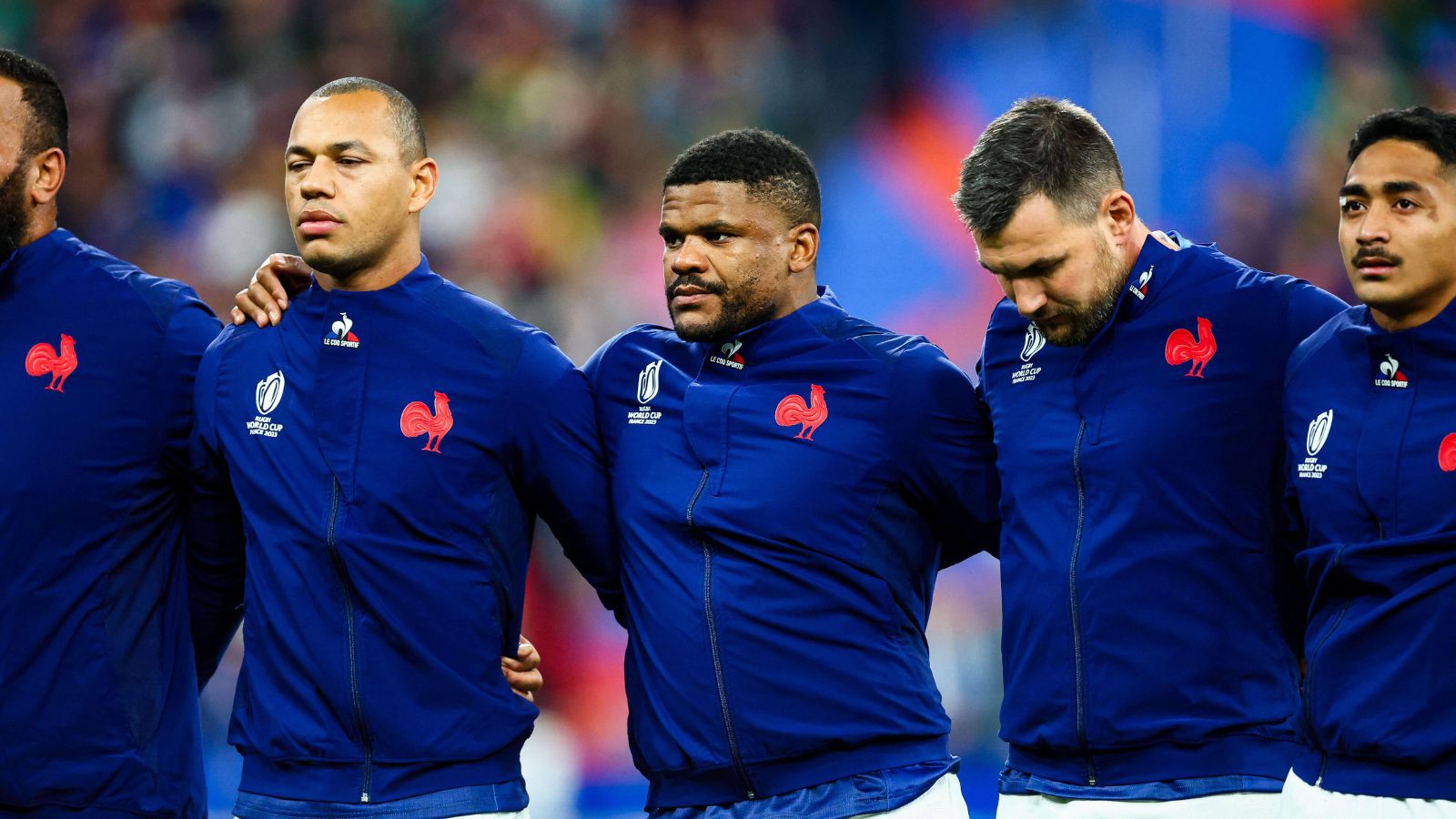 Gael Fickou, Jonathan Danty and Francois Cros of France