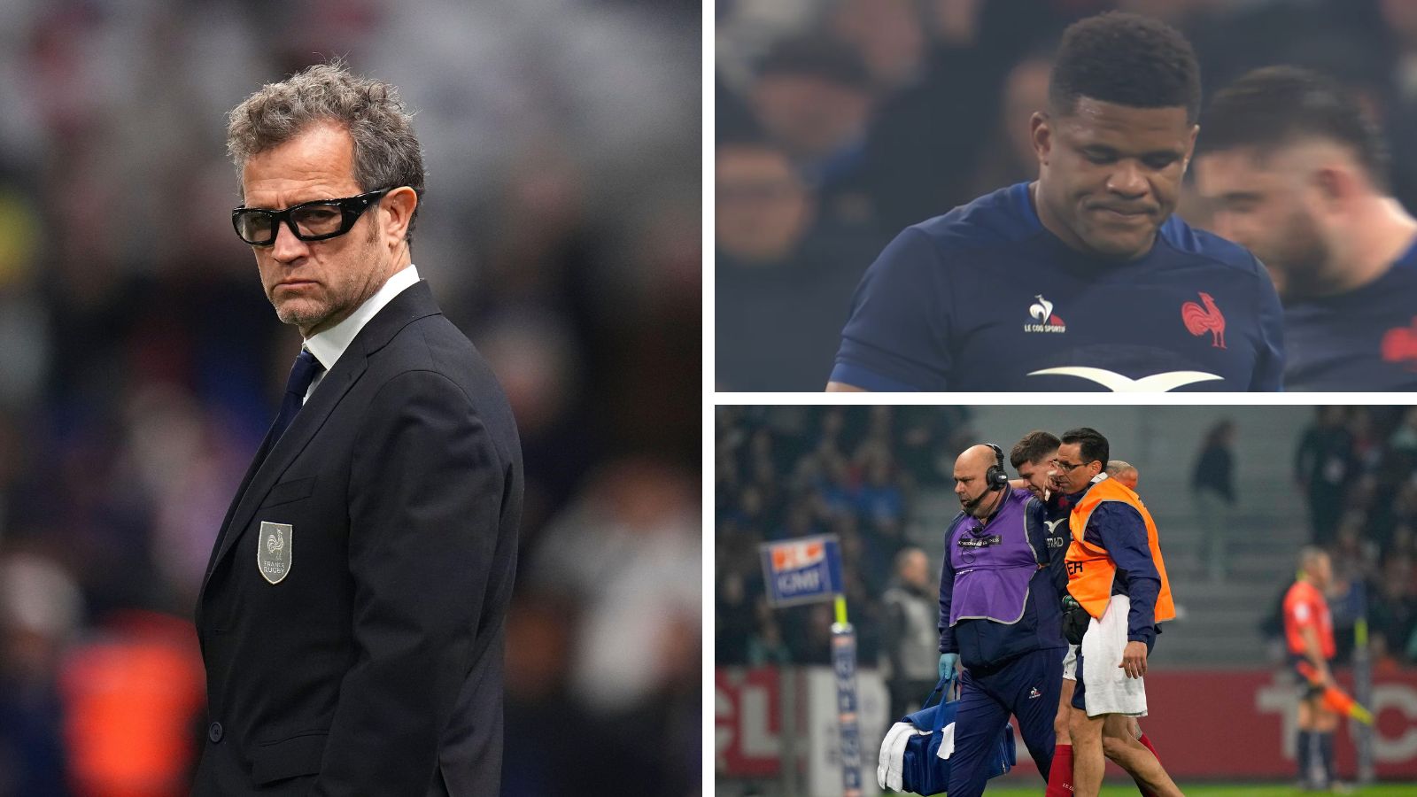 France head coach Fabien Galthie, centre Jonathan Danty and fly-half Matthieu Jalibert during the 2024 Six Nations.