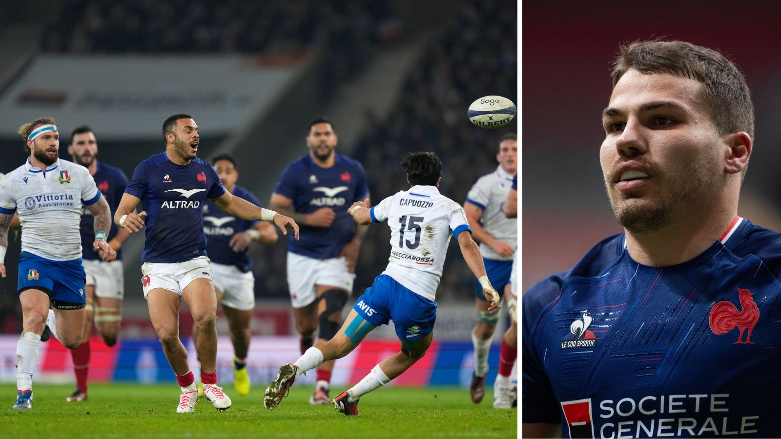 France's Mathis Lebel reacts as he sends out a wayward pass during the Six Nations match v Italy and Antoine Dupont.