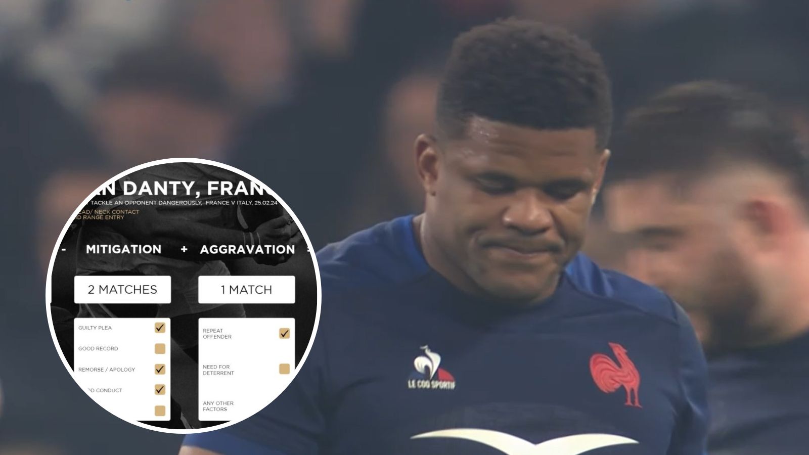 France centre Jonathan Danty red carded against Italy and details of his suspension.