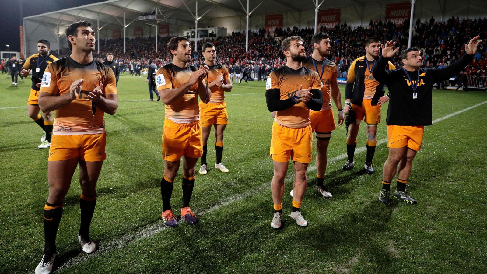Jaguares players wave to their supporters after losing 19-3 to the Crusaders in the Super Rugby in Christchurch, New Zealand, Saturday, July 6, 2019.