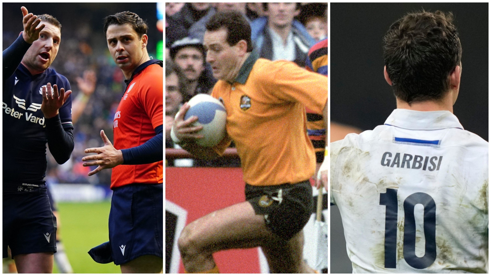 Finn Russell arguing over Scotland's non-try v France, Wallabies legend David Campese and Italy's Paolo Garbisi.