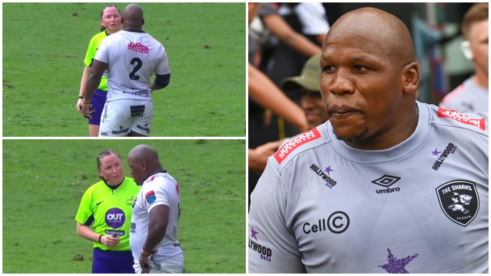 Aimee Barrett-Theron unimpressed by Bongi Mbonambi after Sharks try disallowed.