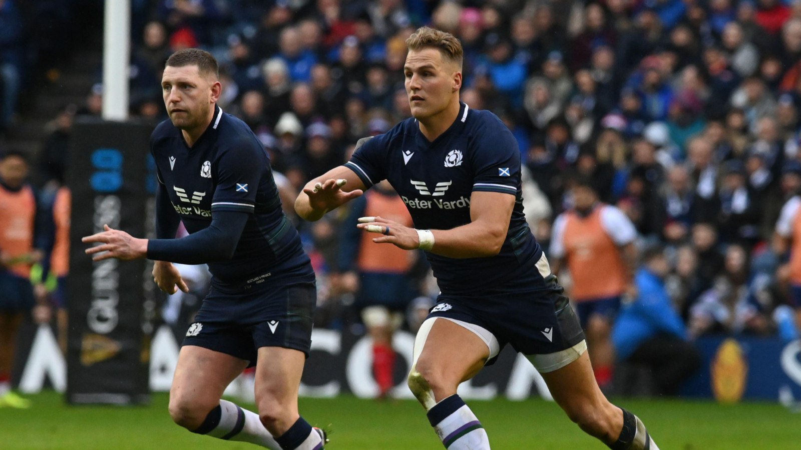 Finn Russell and Duhan van der Merwe during a game for Scotland.