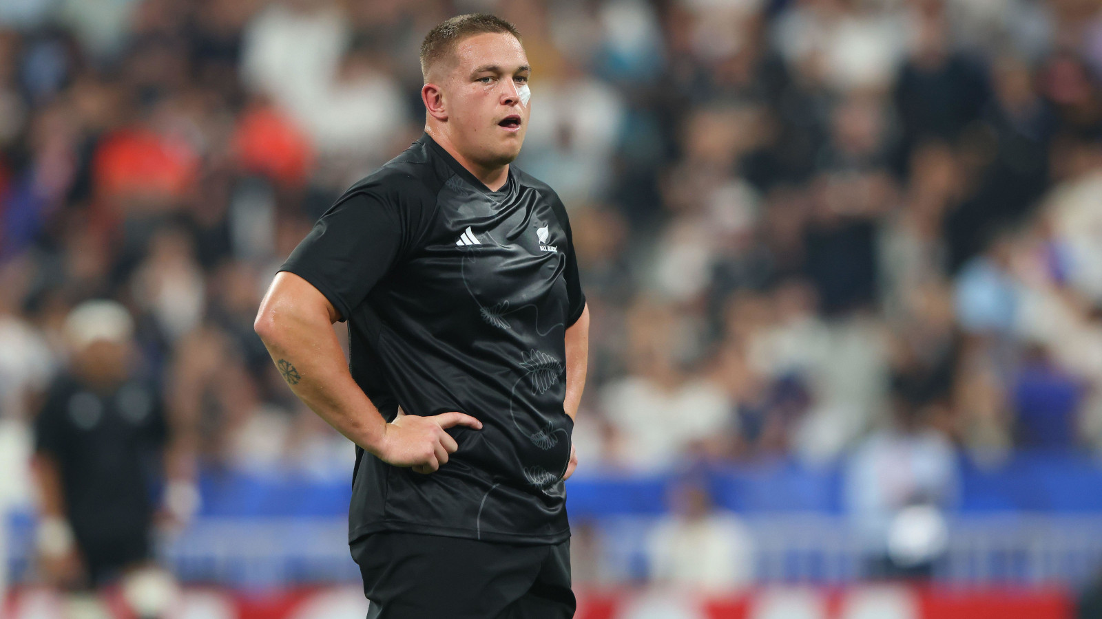 Ethan de Groot in action for the All Blacks at the 2023 Rugby World Cup.
