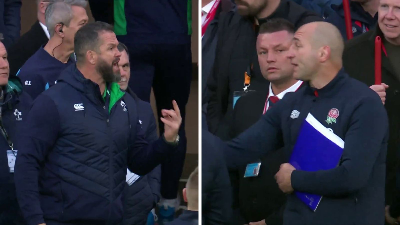 Ireland head coach Andy Farrell (left) and England head coach Steve Borthwick (right) at half-time during the Six Nations.