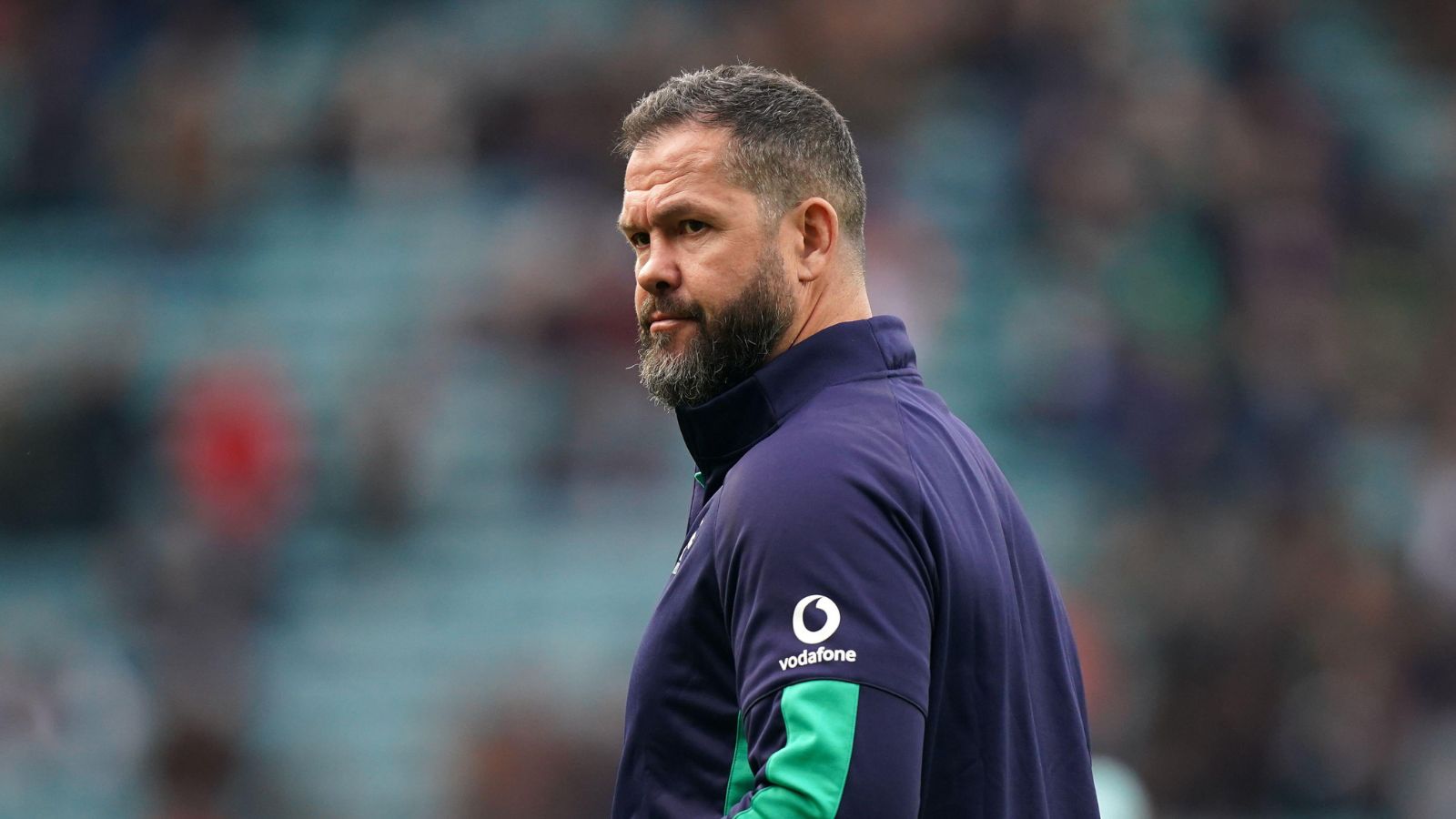 Ireland head coach Andy Farrell watches over the warm-up before the Guinness Six Nations match at Twickenham Stadium, London.
