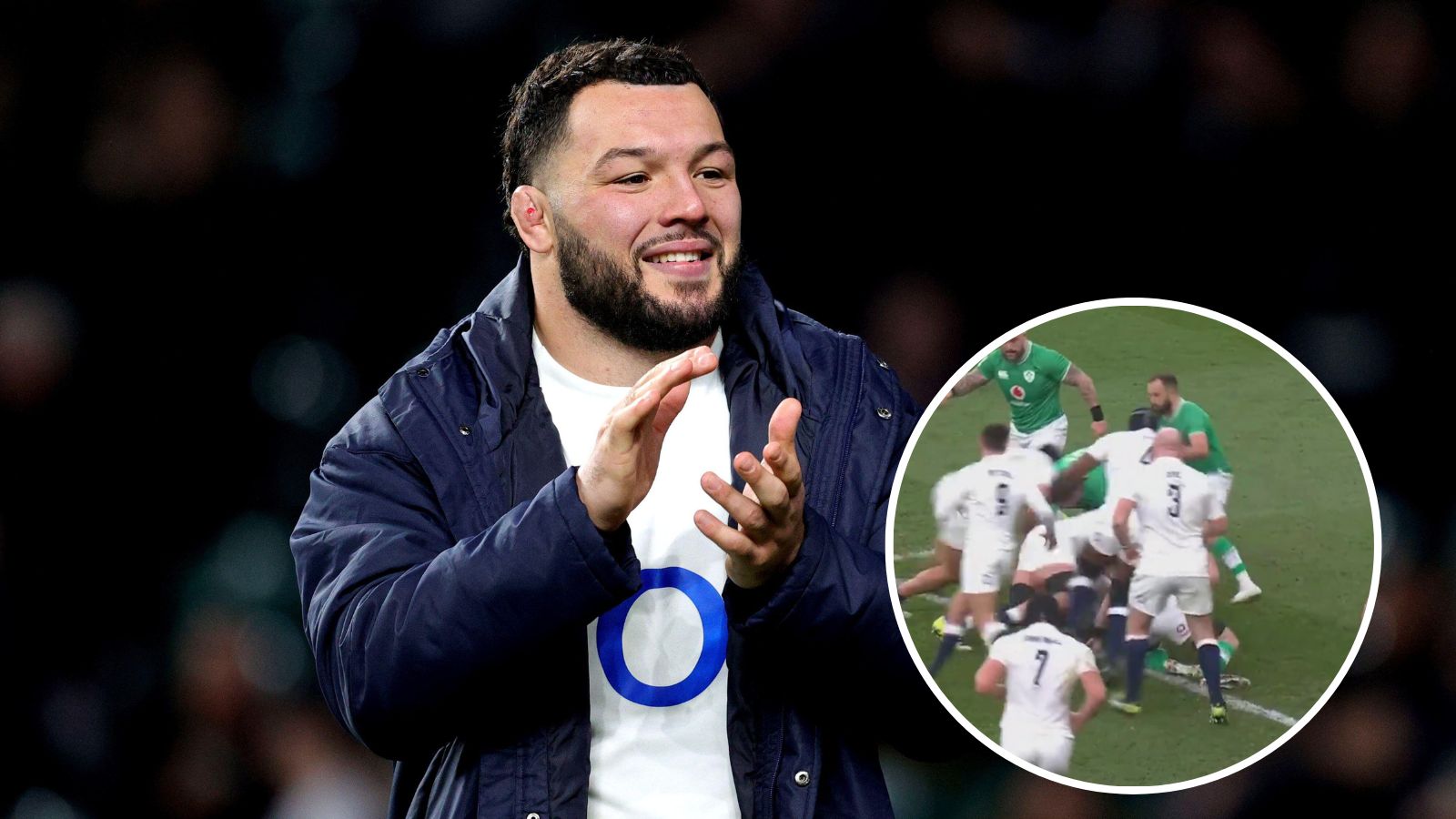 England's Ellis Genge after during the Guinness Six Nations match between England and Ireland and Twickenham and a screenshot of his clearout on Tadhg Furlong.