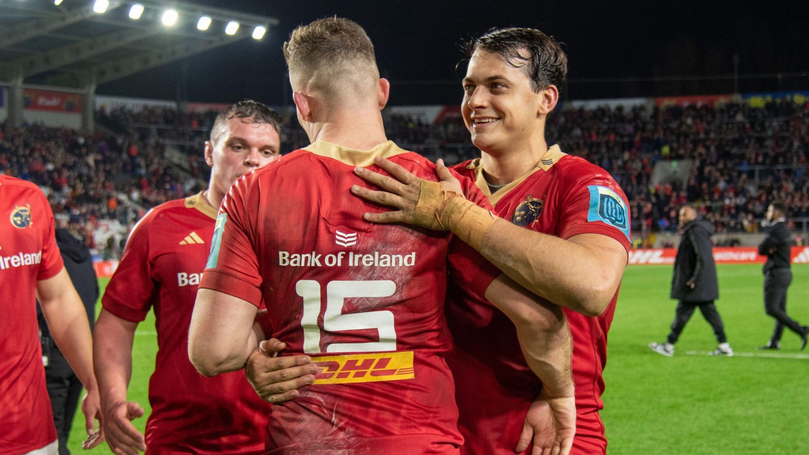 Antoine Frisch of Munster celebrates with Shane Daly of Munster after the test match between Munster Rugby and Crusaders at Pairc Ui Chaoimh in Cork, Ireland.