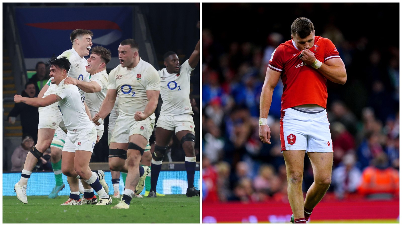 Split between England celebrating and Wales disappointment.