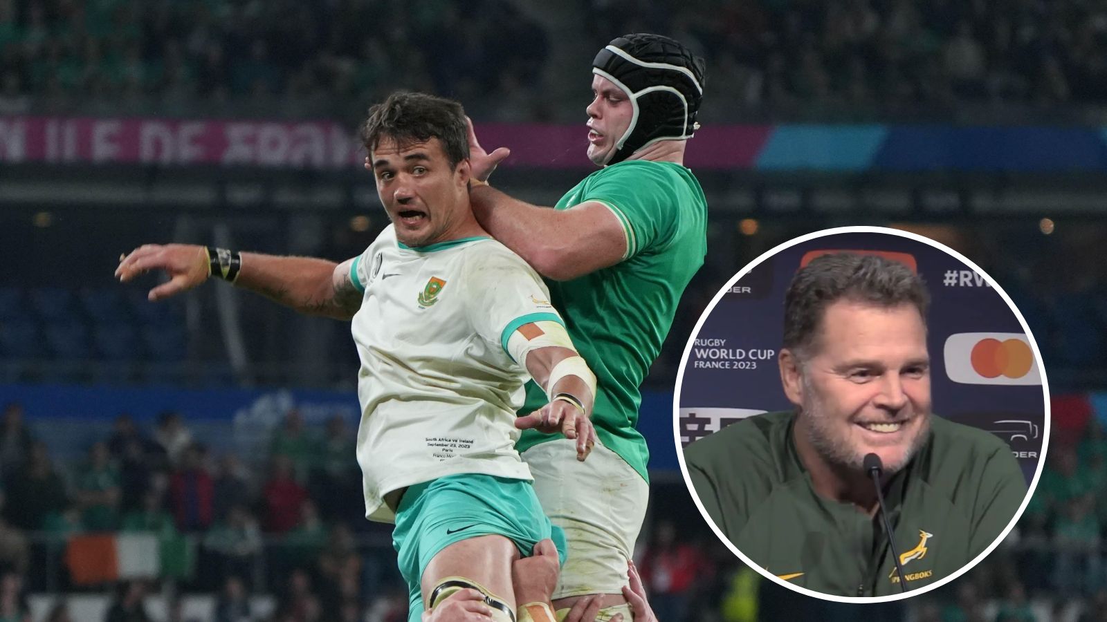 Springbok lock Franco Mostert and Ireland's James Ryan during the 2023 Rugby World Cup pool stage in Saint-Denis and head coach Rassie Erasmus.
