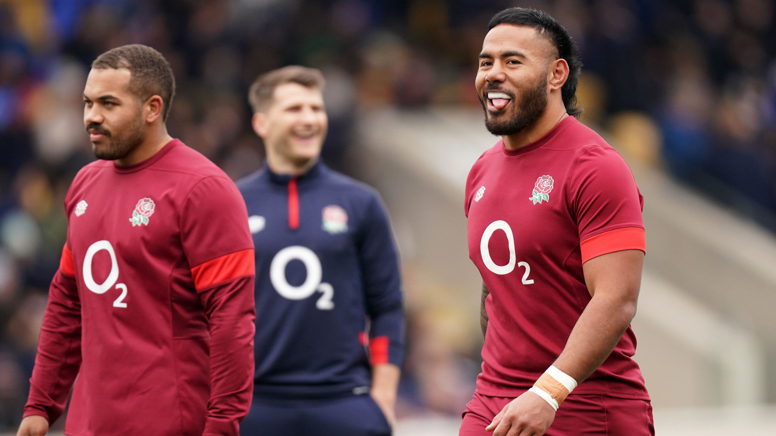 Ollie Lawrence and Manu Tuilagi at an England training session.