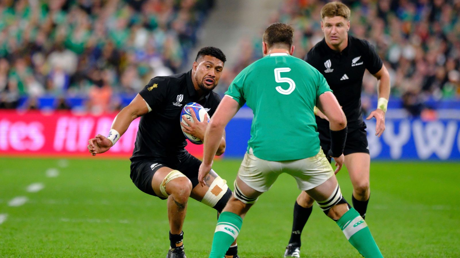 All Blacks back-rower Ardie Savea in action during the Rugby World Cup quarterfinal match between Ireland and New Zealand at Stade de France.
