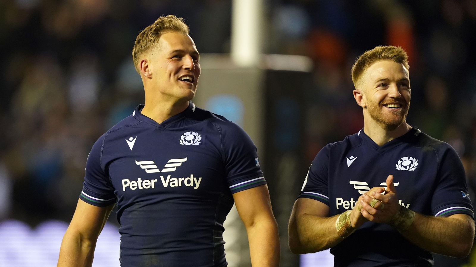 Scotland's Duhan van der Merwe (left) and Kyle Steyn applaud the fans after victory in the Guinness Six Nations match at the Scottish Gas Murrayfield Stadium, Edinburgh. Picture date: Saturday February 24, 2024.