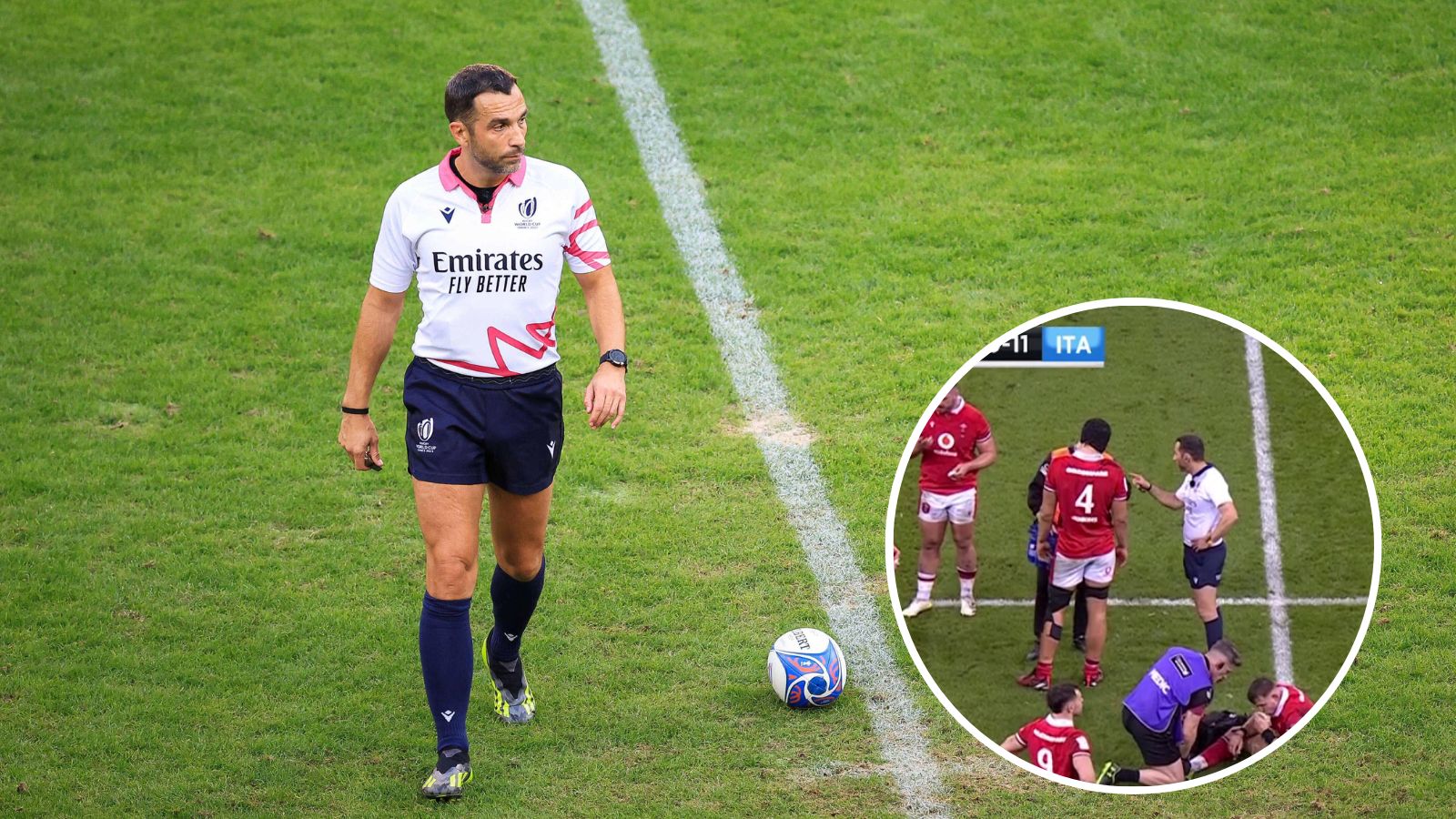 Refere Matthieu Raynal and a screengrab of his spat with Neil Jenkins during the Six Nations match in Cardiff.