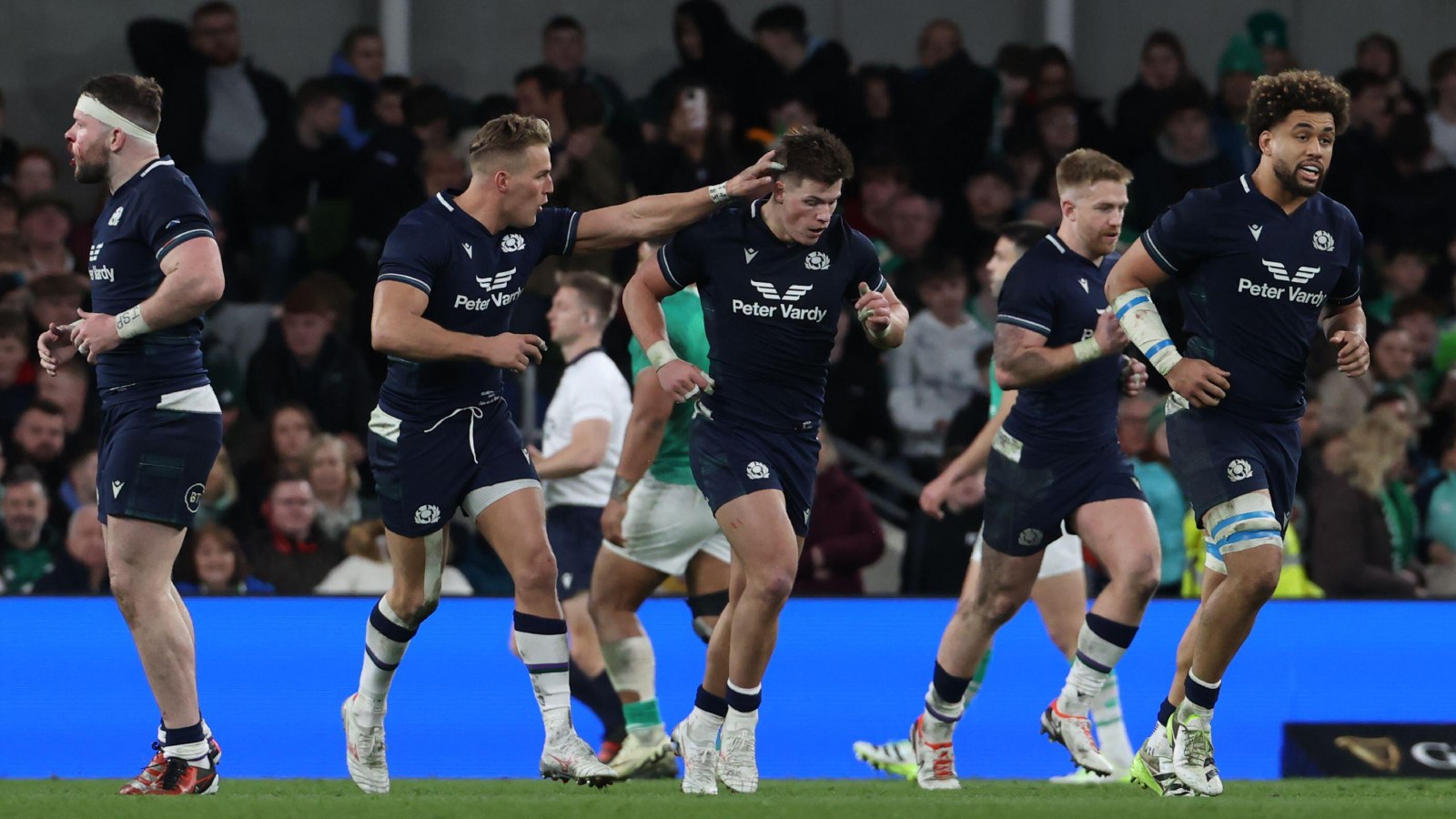 Scotland players after a try against Ireland.