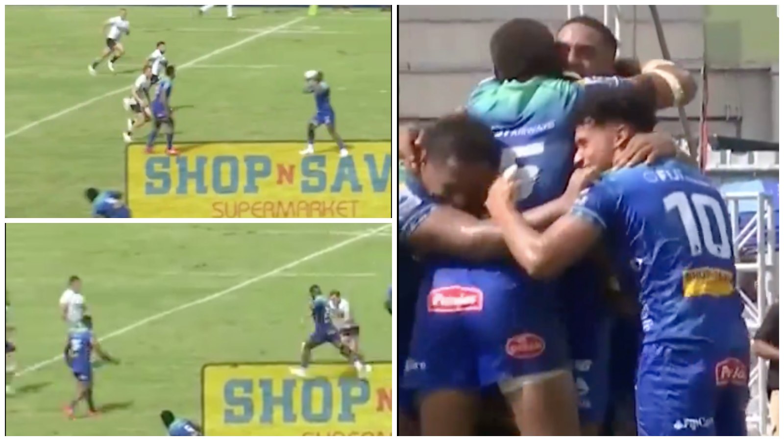 Fijian Drua player celebrate a late win over the Waratahs.