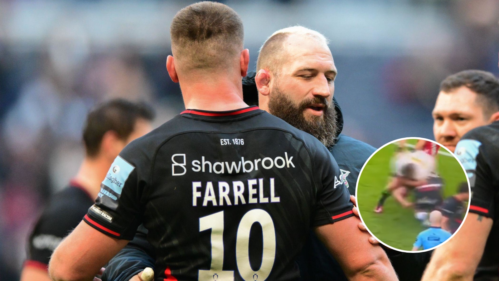 Joe Marler and Owen Farrell after Saracens v Harlequins Premiership game 2024.