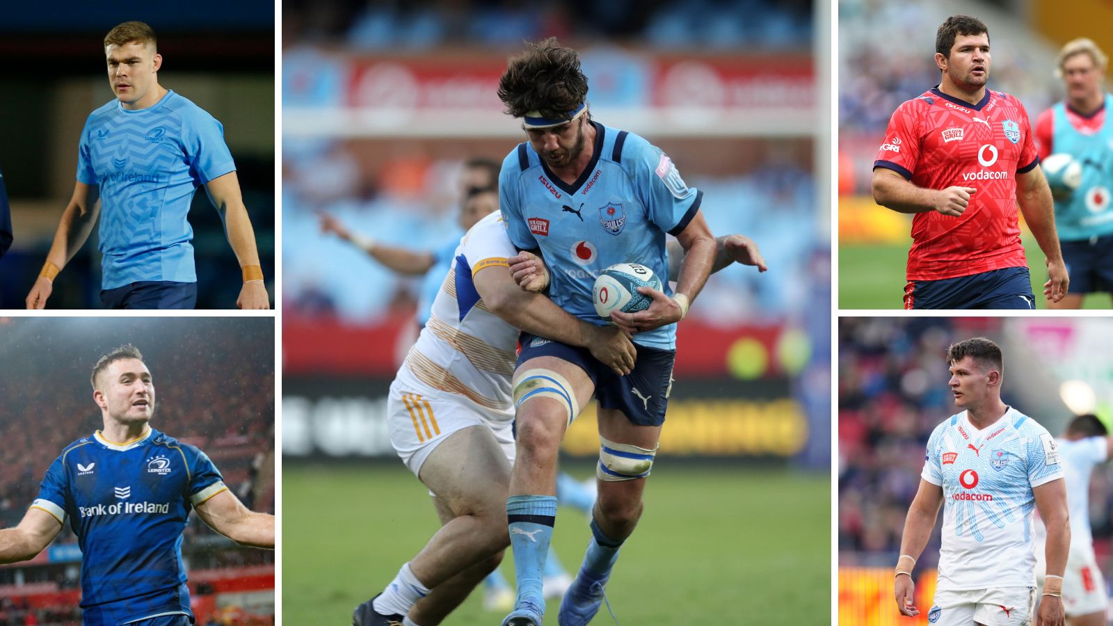 Leinster v Bulls: Garry Ringrose, Jordan Larmour, Bulls Ruan Nortje, Marco van Staden and Elrigh Louw.