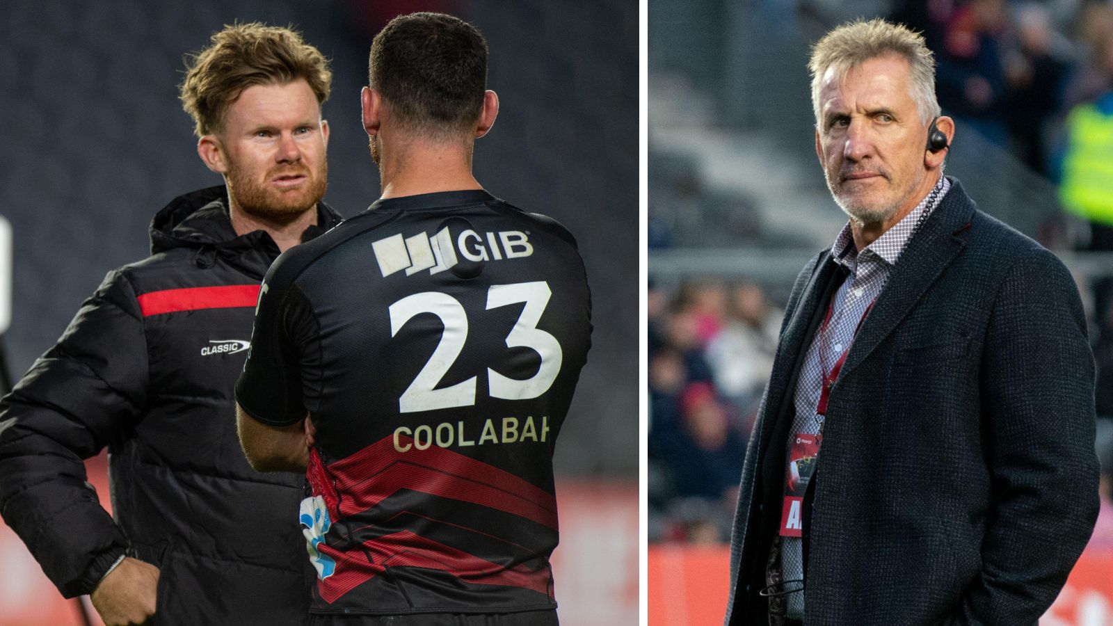 Crusaders scrum-half Mitchell Drummond and head coach Rob Penney