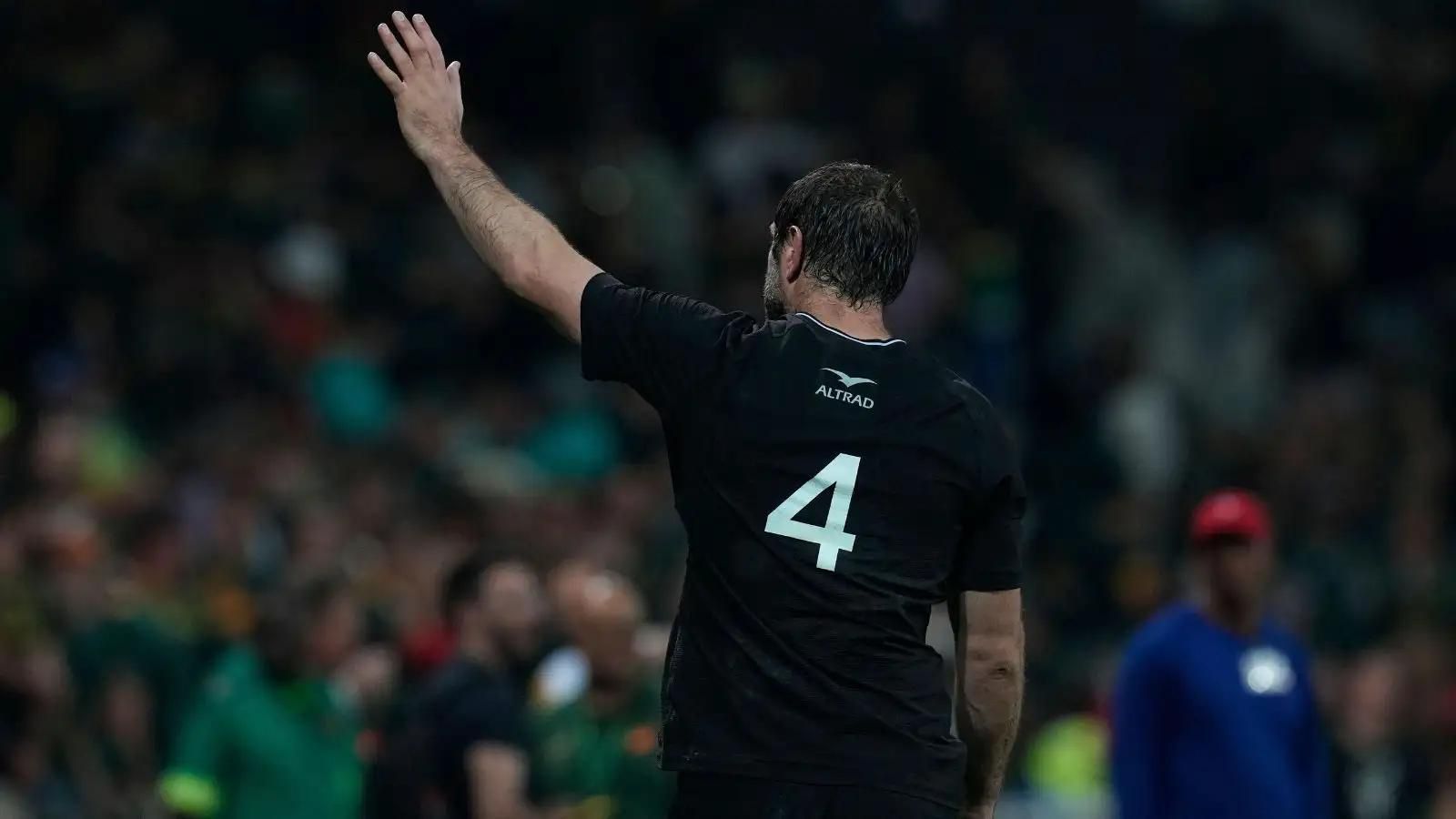 Sam Whitelock gestures to the crowd as he leaves the field at the end the Rugby Championship test between South Africa's Springboks and New Zealand's All Blacks at Mbombela Stadium.