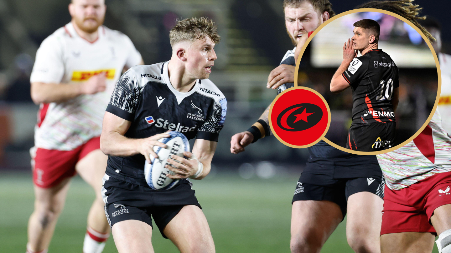 Louie Johnson of Newcastle Falcons in action during the Gallagher Premiership match and Saracens' Owen Farrell.