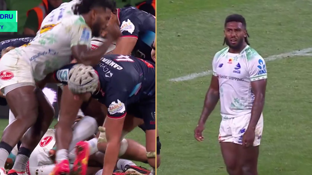 images of Frank Lomani's elbow to Josh Canham's head and his reaction to being red carded.